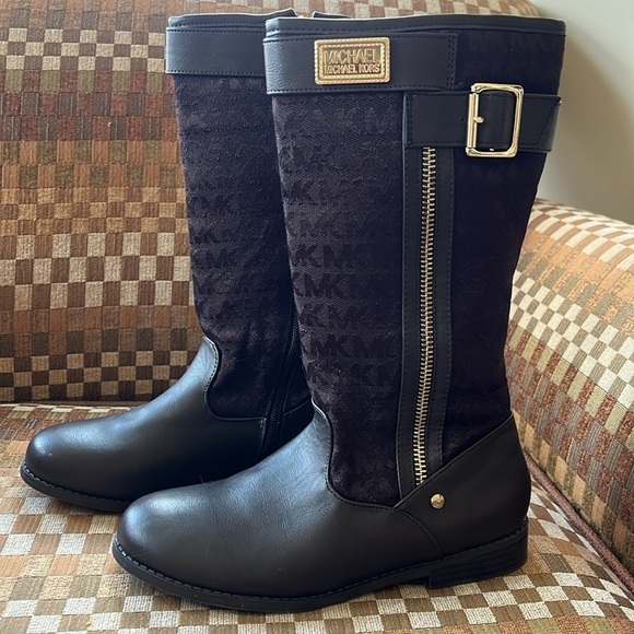 Brand New Michael Kors Girls Dark Brown Zip Up Tall Boots w/ Gold Tone Accents - Picture 1 of 16